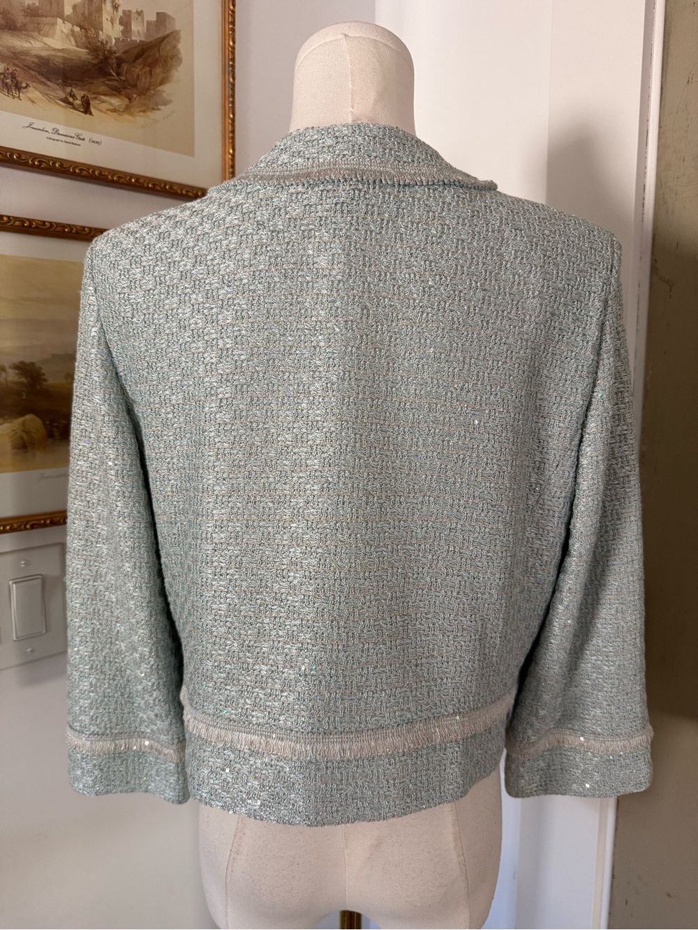 St. John Collection Iridescent Sequin Tweed Open Front Jacket in Seafoam - Picture 7 of 13